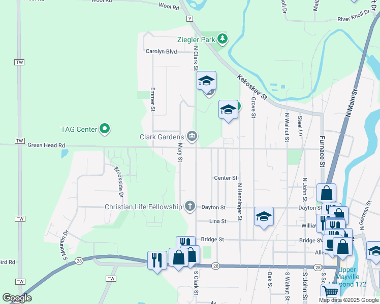 map of restaurants, bars, coffee shops, grocery stores, and more near 401 North Clark Street in Mayville