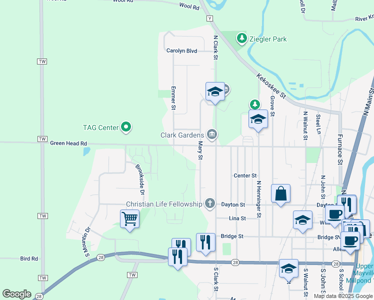 map of restaurants, bars, coffee shops, grocery stores, and more near 1116 Breckenridge Street in Mayville