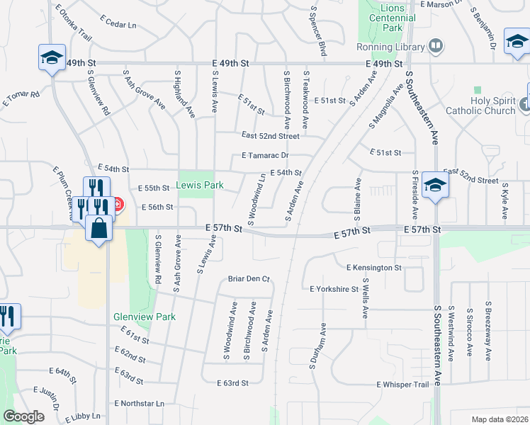 map of restaurants, bars, coffee shops, grocery stores, and more near 4600-4798 S Birchwood Ave in Sioux Falls