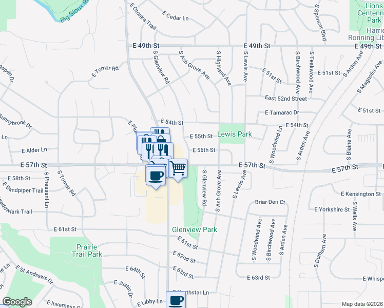 map of restaurants, bars, coffee shops, grocery stores, and more near 1600 East 56th Street in Sioux Falls