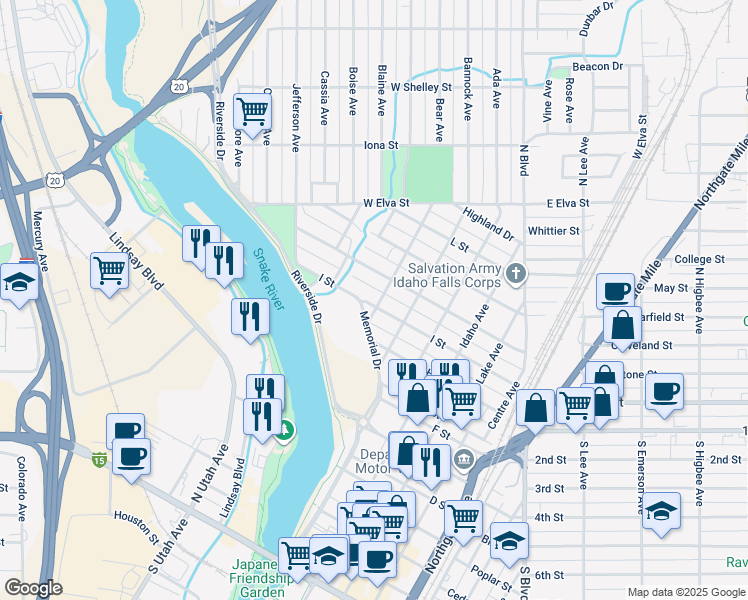 map of restaurants, bars, coffee shops, grocery stores, and more near 700 I Street in Idaho Falls