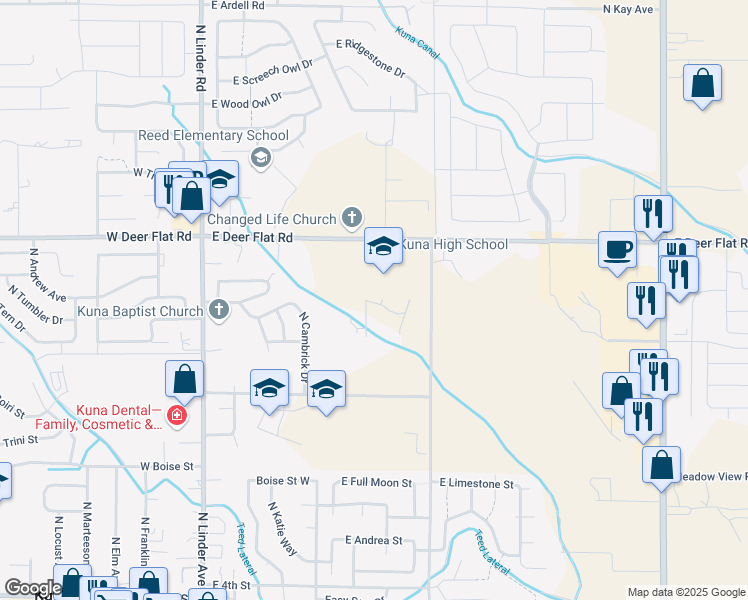 map of restaurants, bars, coffee shops, grocery stores, and more near 637 East Deer Flat Road in Kuna