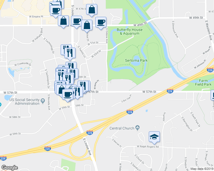 map of restaurants, bars, coffee shops, grocery stores, and more near 4902 South Oxbow Avenue in Sioux Falls