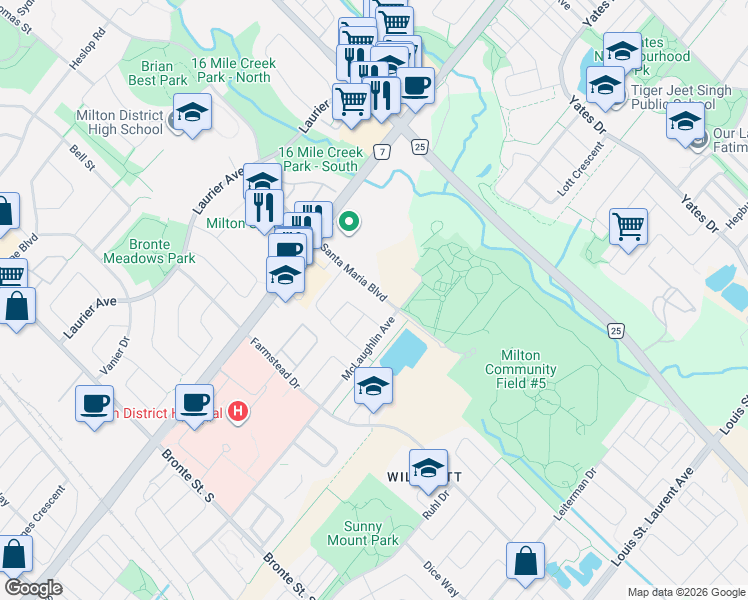 map of restaurants, bars, coffee shops, grocery stores, and more near 704 Santa Maria Boulevard in Milton
