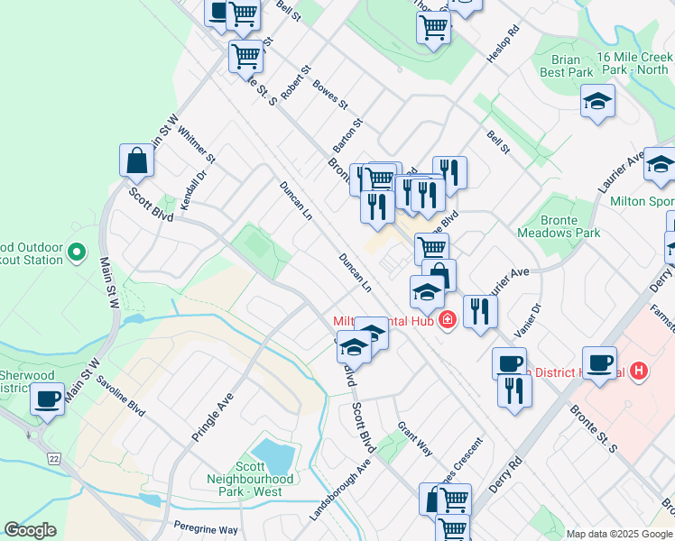 map of restaurants, bars, coffee shops, grocery stores, and more near 271 Giddings Crescent in Milton