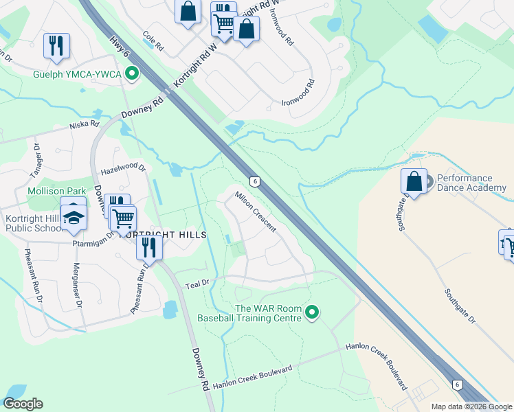 map of restaurants, bars, coffee shops, grocery stores, and more near 77 Milson Crescent in Guelph