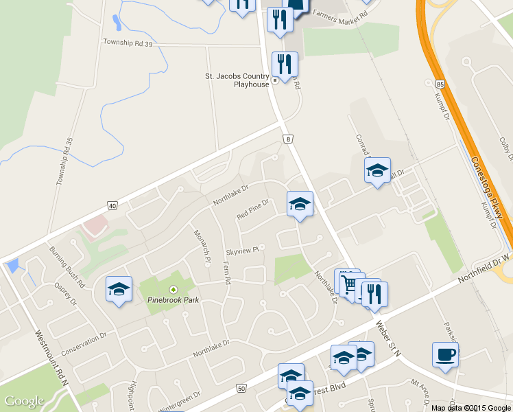 map of restaurants, bars, coffee shops, grocery stores, and more near 640 Red Pine Drive in Waterloo
