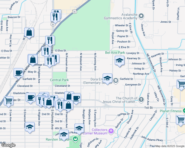 map of restaurants, bars, coffee shops, grocery stores, and more near 779 May Street in Idaho Falls