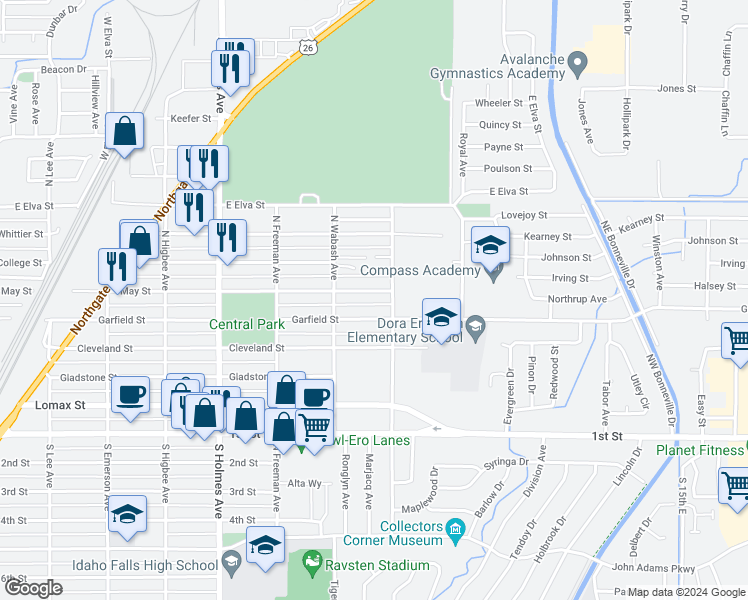 map of restaurants, bars, coffee shops, grocery stores, and more near 779 May Street in Idaho Falls
