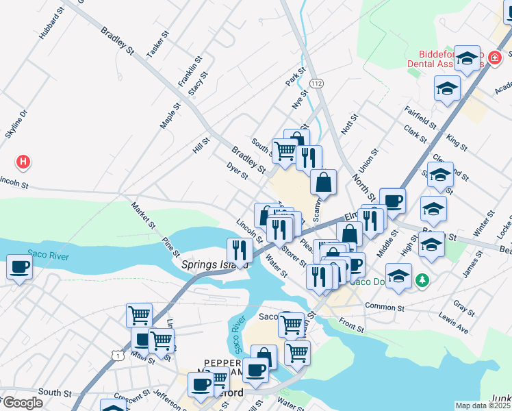 map of restaurants, bars, coffee shops, grocery stores, and more near 122 Temple Street in Saco