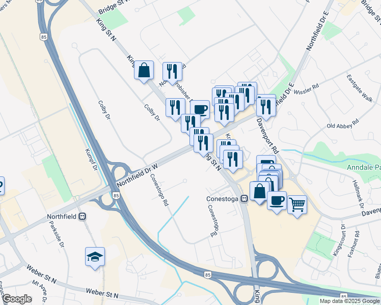 map of restaurants, bars, coffee shops, grocery stores, and more near 583 King Street North in Waterloo