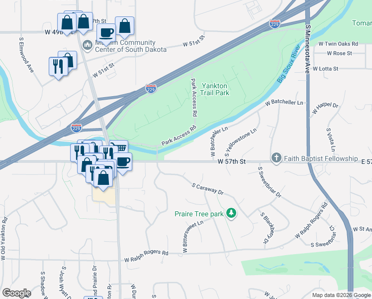 map of restaurants, bars, coffee shops, grocery stores, and more near 1108 West 57th Street in Sioux Falls