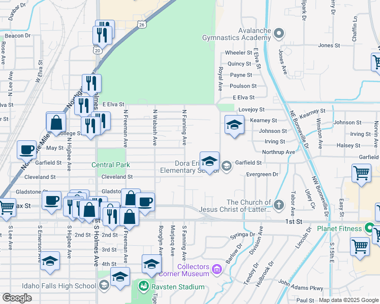 map of restaurants, bars, coffee shops, grocery stores, and more near 825 Garfield Street in Idaho Falls
