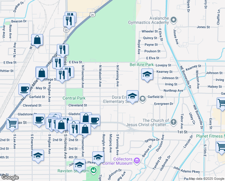 map of restaurants, bars, coffee shops, grocery stores, and more near 779 May Street in Idaho Falls