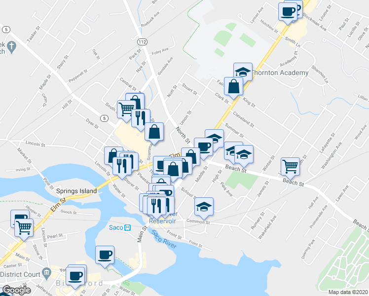 map of restaurants, bars, coffee shops, grocery stores, and more near 124 Elm Street in Saco