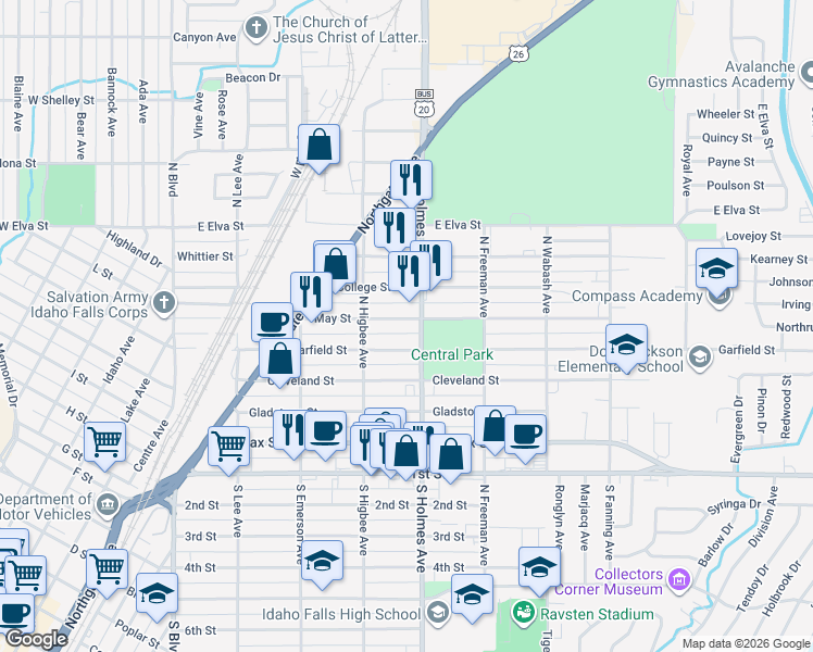 map of restaurants, bars, coffee shops, grocery stores, and more near 490 May Street in Idaho Falls