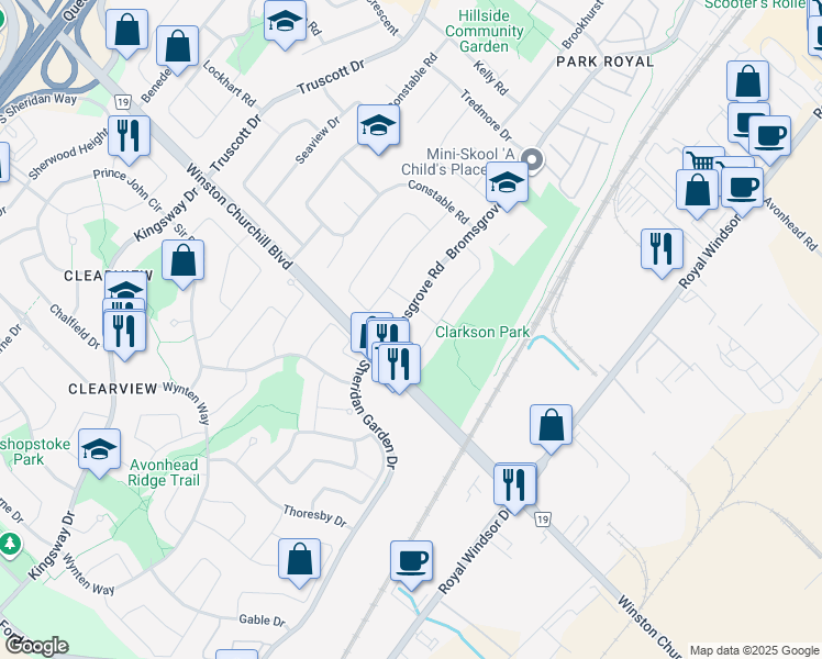map of restaurants, bars, coffee shops, grocery stores, and more near in Mississauga