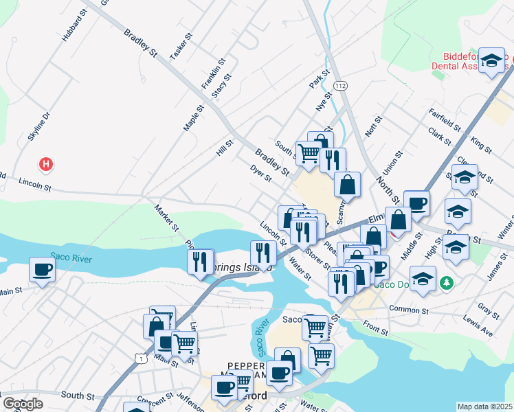 map of restaurants, bars, coffee shops, grocery stores, and more near 166 Pleasant Street in Saco