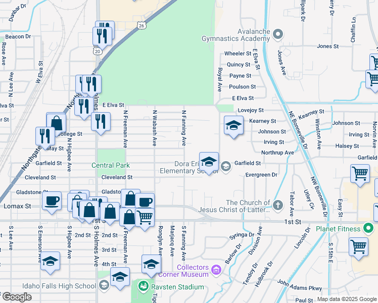 map of restaurants, bars, coffee shops, grocery stores, and more near 825 Garfield Street in Idaho Falls
