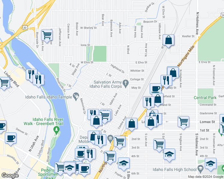 map of restaurants, bars, coffee shops, grocery stores, and more near 1395 Canal Avenue in Idaho Falls