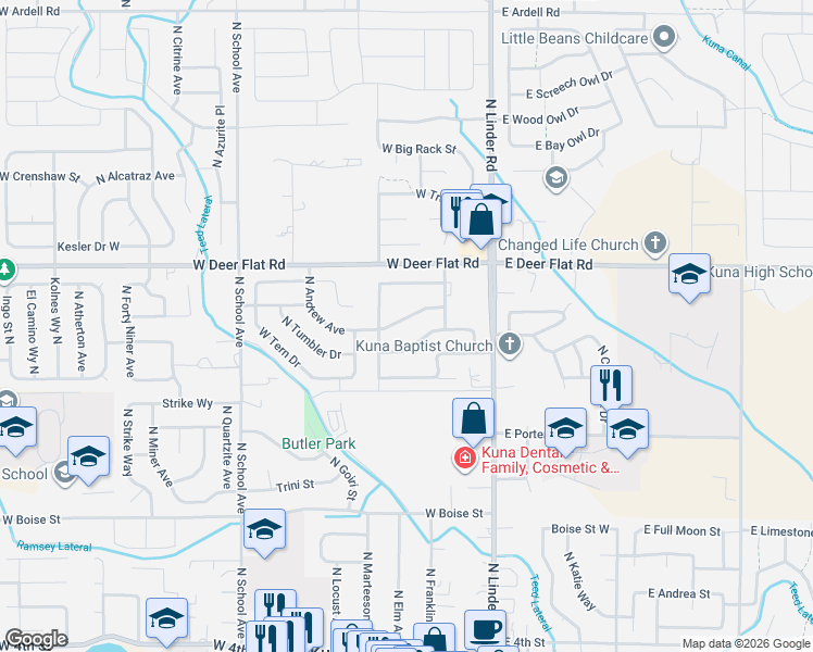 map of restaurants, bars, coffee shops, grocery stores, and more near 319 West Farmall Way in Kuna