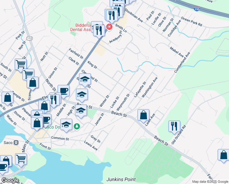 map of restaurants, bars, coffee shops, grocery stores, and more near 59 Winter Street in Saco