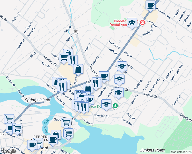 map of restaurants, bars, coffee shops, grocery stores, and more near 30 Maine 112 in Saco