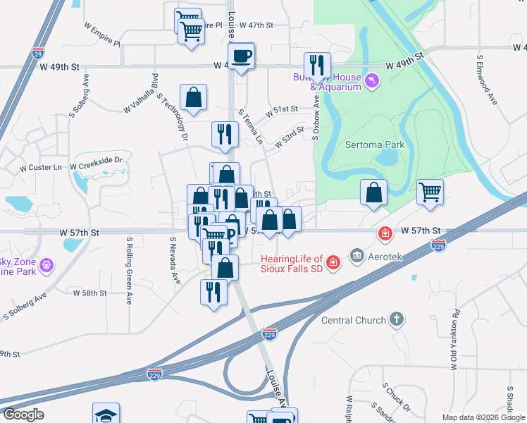 map of restaurants, bars, coffee shops, grocery stores, and more near 4807 South Baha Avenue in Sioux Falls