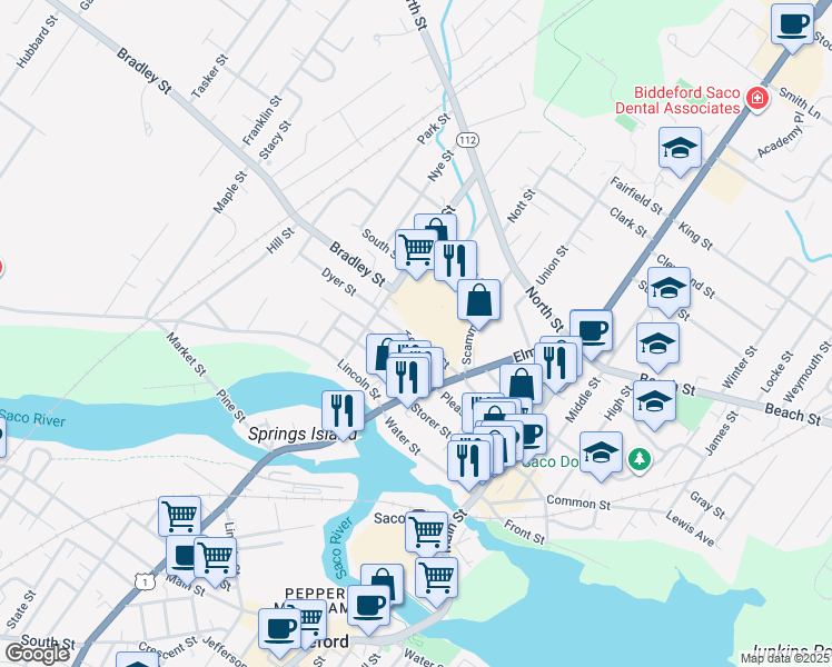 map of restaurants, bars, coffee shops, grocery stores, and more near 99 Temple Street in Saco