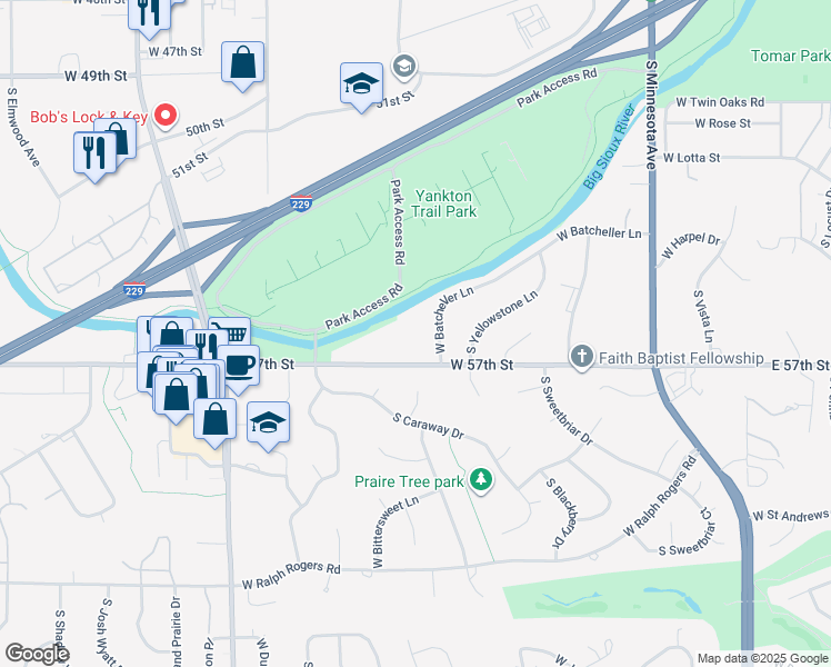 map of restaurants, bars, coffee shops, grocery stores, and more near 1108 West 57th Street in Sioux Falls