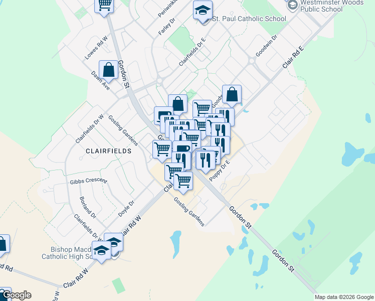 map of restaurants, bars, coffee shops, grocery stores, and more near Gordon Street in Guelph
