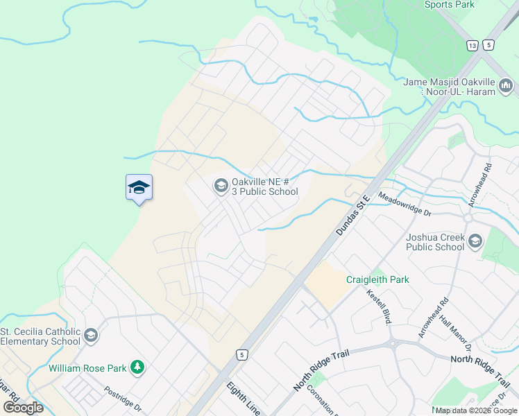 map of restaurants, bars, coffee shops, grocery stores, and more near 3040 Bramall Gardens in Oakville