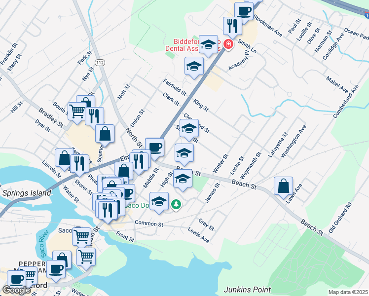 map of restaurants, bars, coffee shops, grocery stores, and more near 135 Middle Street in Saco