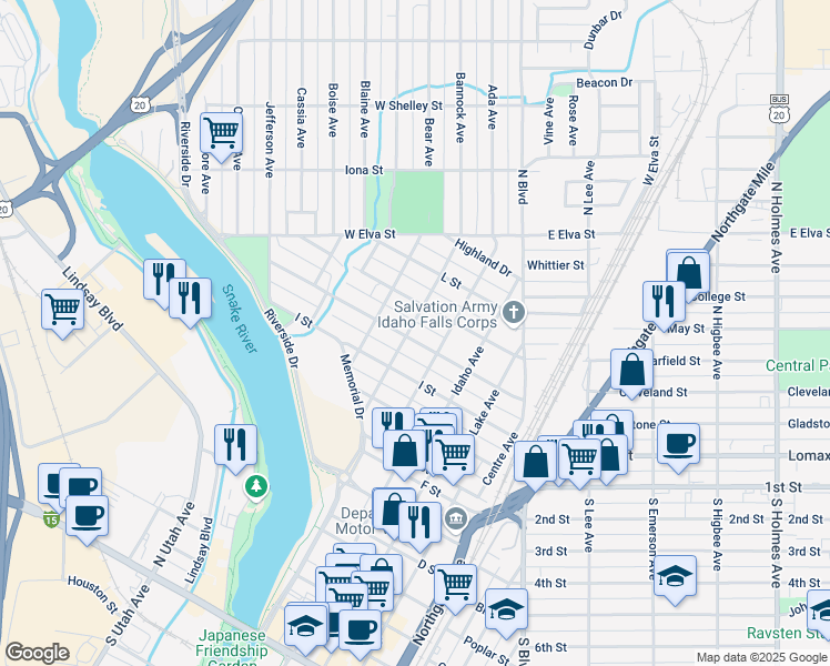 map of restaurants, bars, coffee shops, grocery stores, and more near 1349 Sage Avenue in Idaho Falls