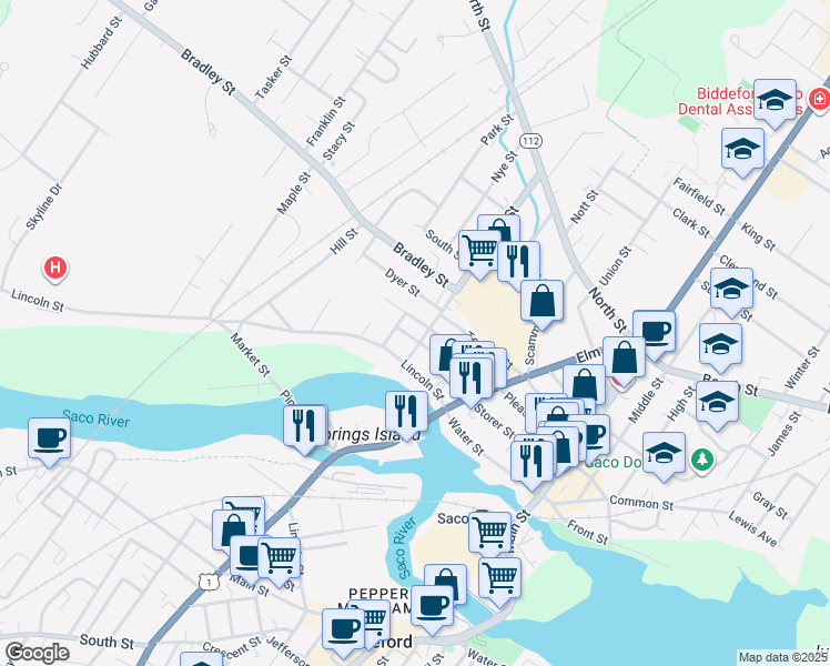 map of restaurants, bars, coffee shops, grocery stores, and more near 166 Pleasant Street in Saco