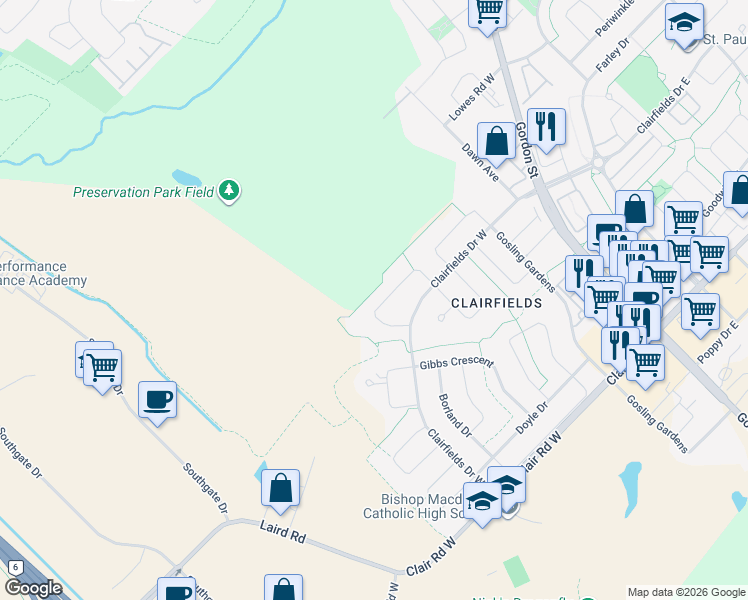 map of restaurants, bars, coffee shops, grocery stores, and more near 37 Keys Crescent in Guelph