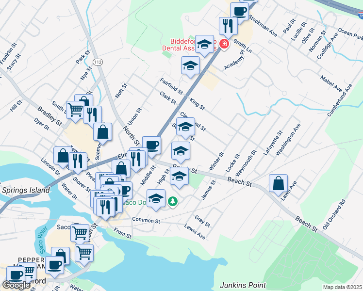 map of restaurants, bars, coffee shops, grocery stores, and more near 135 Middle Street in Saco