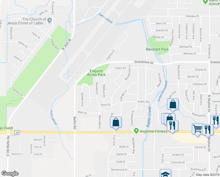 map of restaurants, bars, coffee shops, grocery stores, and more near 823 Buckboard Lane in Idaho Falls