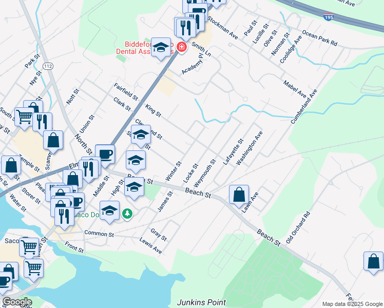 map of restaurants, bars, coffee shops, grocery stores, and more near 59 Winter Street in Saco