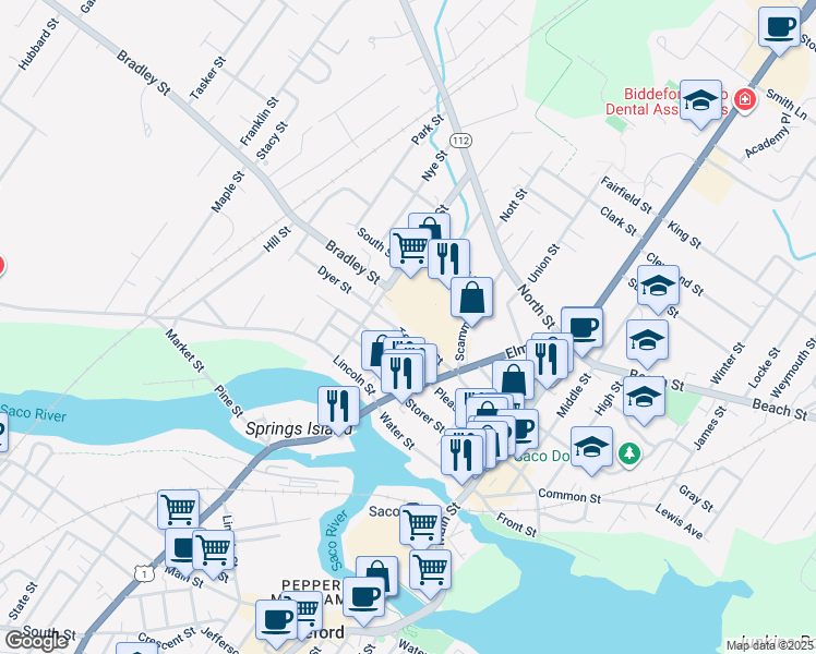 map of restaurants, bars, coffee shops, grocery stores, and more near 99 Temple Street in Saco