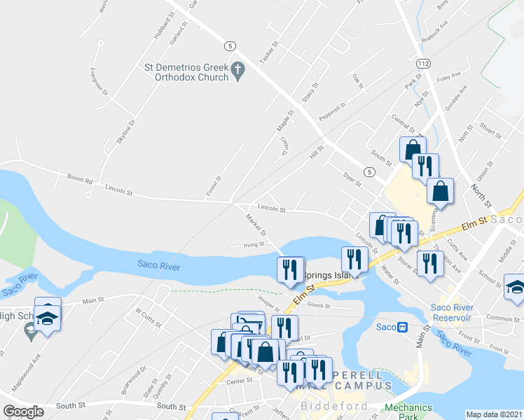 map of restaurants, bars, coffee shops, grocery stores, and more near 184 Lincoln Street in Saco