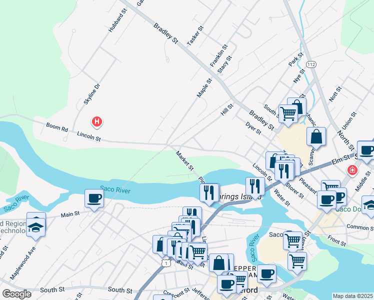 map of restaurants, bars, coffee shops, grocery stores, and more near 184 Lincoln Street in Saco