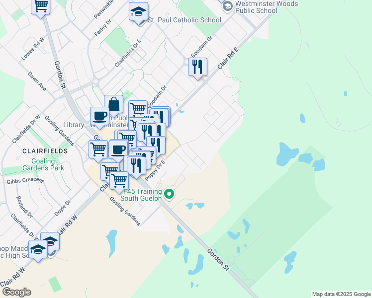 map of restaurants, bars, coffee shops, grocery stores, and more near 60 Hawkins Drive in Guelph