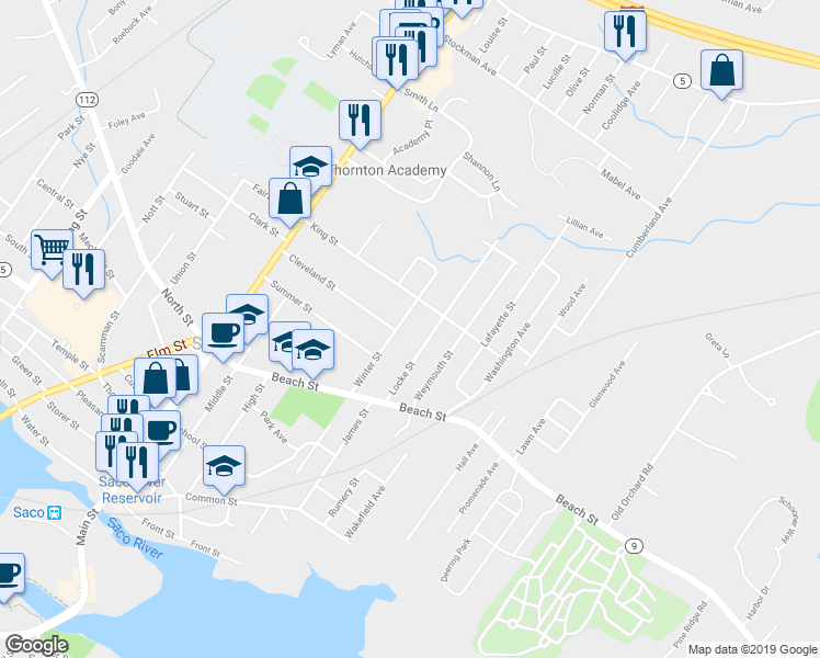 map of restaurants, bars, coffee shops, grocery stores, and more near 59 Winter St in Saco