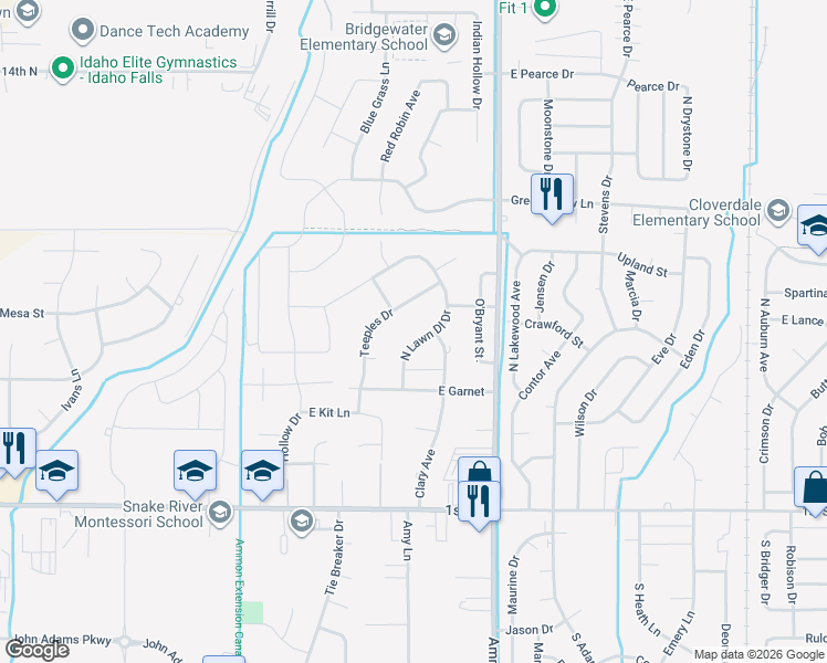 map of restaurants, bars, coffee shops, grocery stores, and more near 595 Lawndale Drive in Idaho Falls