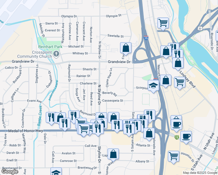 map of restaurants, bars, coffee shops, grocery stores, and more near 1561 Westland Avenue in Idaho Falls
