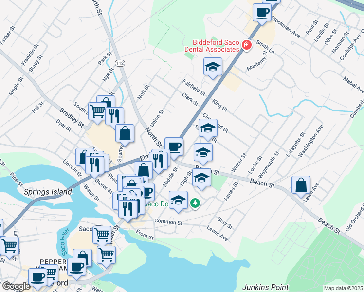 map of restaurants, bars, coffee shops, grocery stores, and more near 371 Main Street in Saco