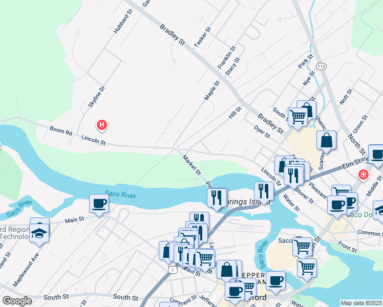 map of restaurants, bars, coffee shops, grocery stores, and more near 184 Lincoln Street in Saco