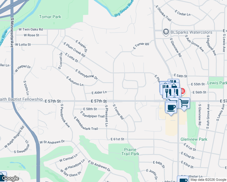map of restaurants, bars, coffee shops, grocery stores, and more near 4699 E Tomar Rd in Sioux Falls