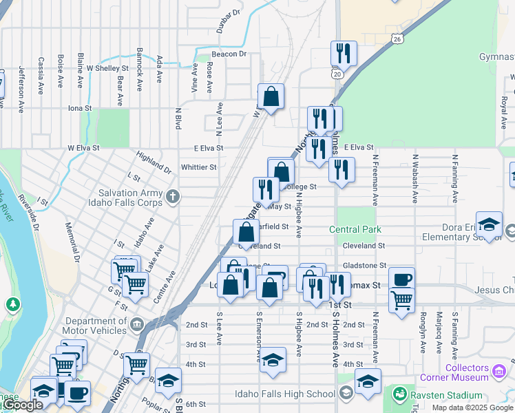 map of restaurants, bars, coffee shops, grocery stores, and more near 301 May Street in Idaho Falls